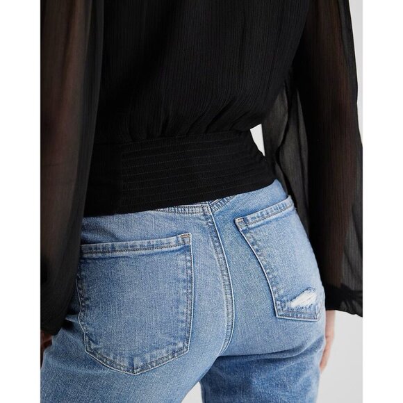 Express Women's Tie Waist Top Size XS Black V-Neck Faux Wrap Sheer Sleeve NWT$54 - Picture 6 of 16